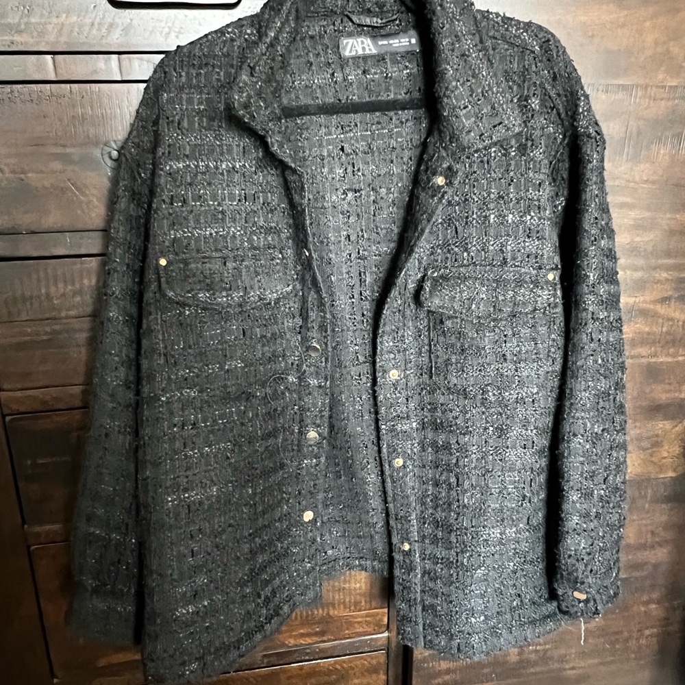 Zara Women's Black Textured Boucle Shirt Jacket with Gold Snap Buttons XXL